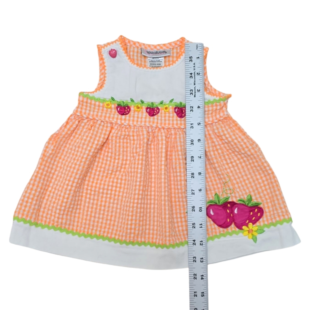 VTG Seersucker Dress 6-9m Orange White Gingham Embroidered Strawberry Youngland - Picture 6 of 8